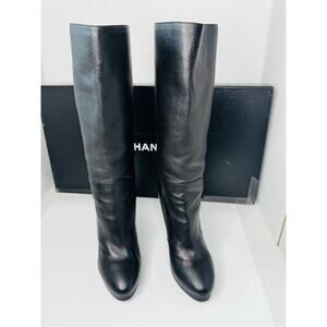 Chanel Vintage Black Leather Platform Mid-Calf Boots w/ CC Logo Size EU 37.5